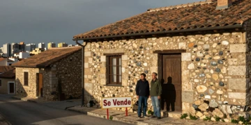 Pareja inspecciona vivienda tradicional en venta en pueblo de Teruel, contraste con skyline urbano de Madrid al fondo