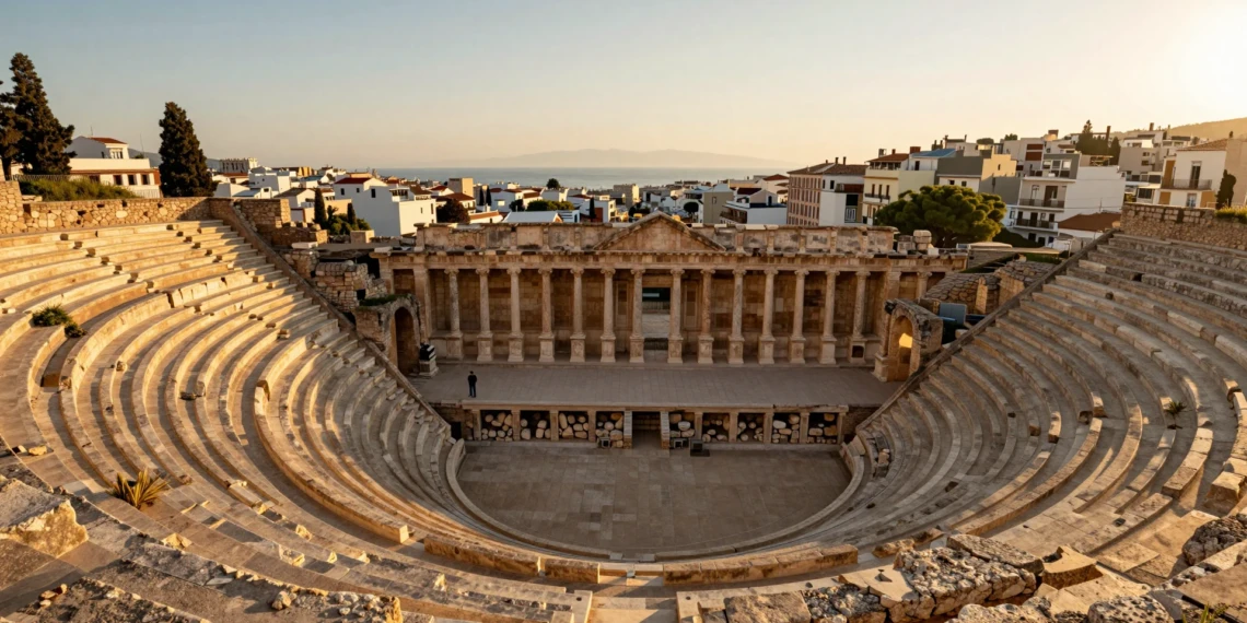 Teatro Romano de Cartagena con gradas de piedra caliza dorada y vista del Mar Mediterráneo al atardecer