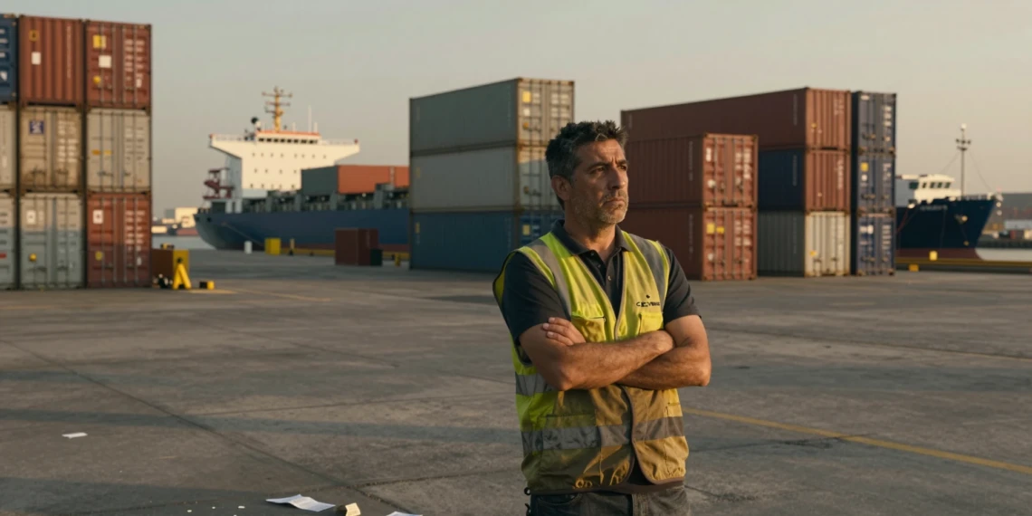 Trabajador portuario español con chaleco mira el horizonte entre contenedores de carga al atardecer