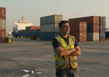 Trabajador portuario español con chaleco mira el horizonte entre contenedores de carga al atardecer