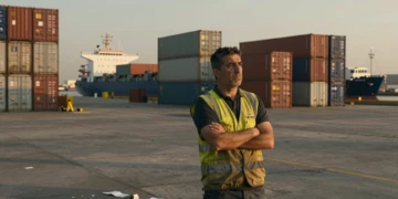 Trabajador portuario español con chaleco mira el horizonte entre contenedores de carga al atardecer
