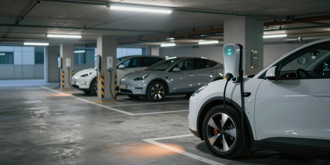Vehículos eléctricos cargándose en un aparcamiento subterráneo moderno de España con indicadores azules encendidos
