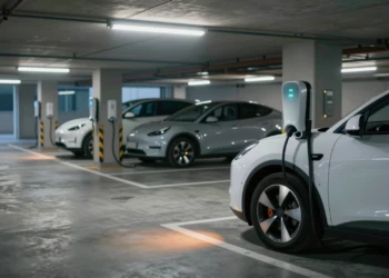Vehículos eléctricos cargándose en un aparcamiento subterráneo moderno de España con indicadores azules encendidos