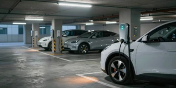 Vehículos eléctricos cargándose en un aparcamiento subterráneo moderno de España con indicadores azules encendidos
