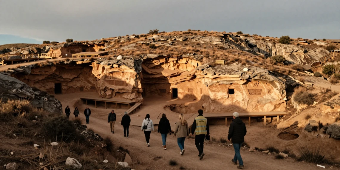 Visitantes y arqueólogo recorriendo las trincheras de excavación de Atapuerca, Burgos, al atardecer