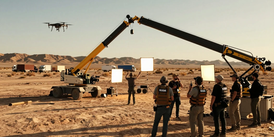 Equipo de rodaje profesional en un paisaje semidesértico del sur de España bajo la luz dorada del atardecer