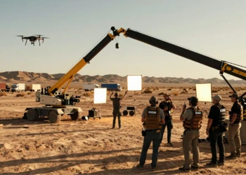Equipo de rodaje profesional en un paisaje semidesértico del sur de España bajo la luz dorada del atardecer