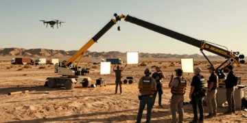 Equipo de rodaje profesional en un paisaje semidesértico del sur de España bajo la luz dorada del atardecer