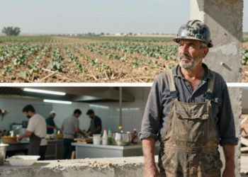 Obrero de construcción mayor junto a obra inacabada, con cocina sin personal y campo agrícola semiabandonado en España