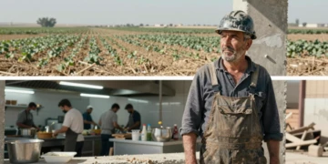Obrero de construcción mayor junto a obra inacabada, con cocina sin personal y campo agrícola semiabandonado en España
