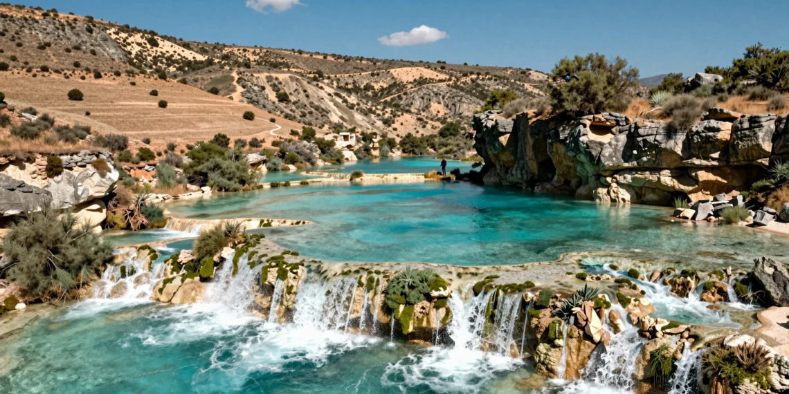 Lagunas de Ruidera en La Mancha: aguas turquesas en cascada sobre terrazas de caliza rodeadas de meseta castellana árida