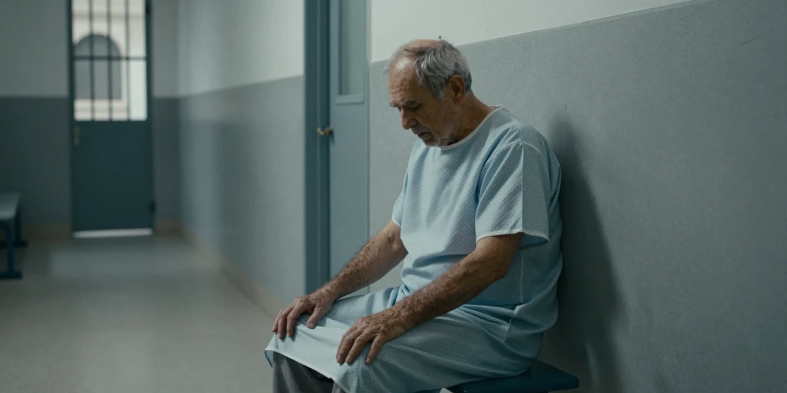 Hombre anciano en bata hospitalaria sentado solo en un corredor de prisión, cabizbajo y exhausto