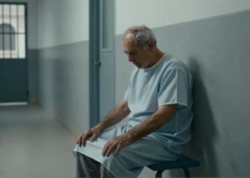 Hombre anciano en bata hospitalaria sentado solo en un corredor de prisión, cabizbajo y exhausto