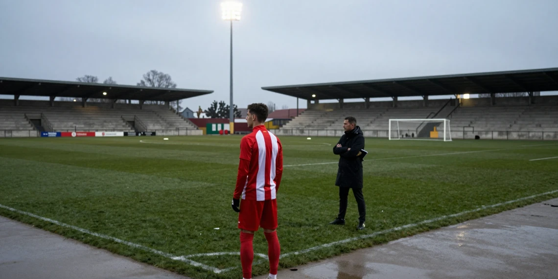 Futbolista en equipación a rayas rojas y blancas observa el campo bajo un cielo invernal en un campo de entrenamiento español