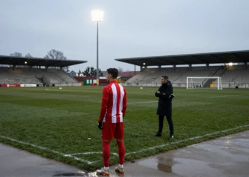Futbolista en equipación a rayas rojas y blancas observa el campo bajo un cielo invernal en un campo de entrenamiento español