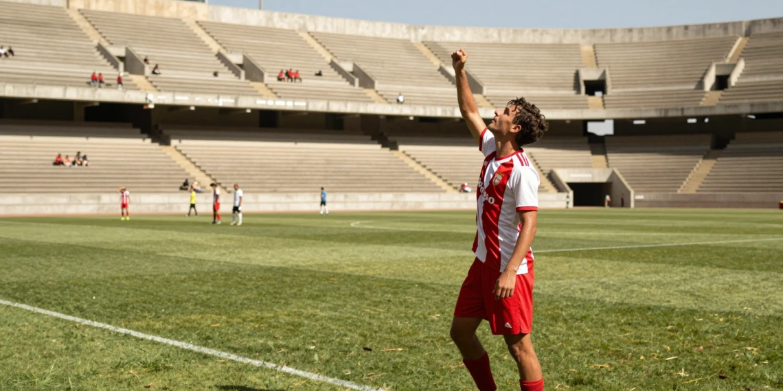 Jugador de fútbol catalán celebra un gol en partido de pretemporada en estadio municipal bajo el sol de agosto