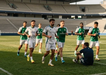 Jugadores del Córdoba CF entrenando en el césped con un futbolista atendido por el fisioterapeuta en la banda