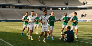 Jugadores del Córdoba CF entrenando en el césped con un futbolista atendido por el fisioterapeuta en la banda