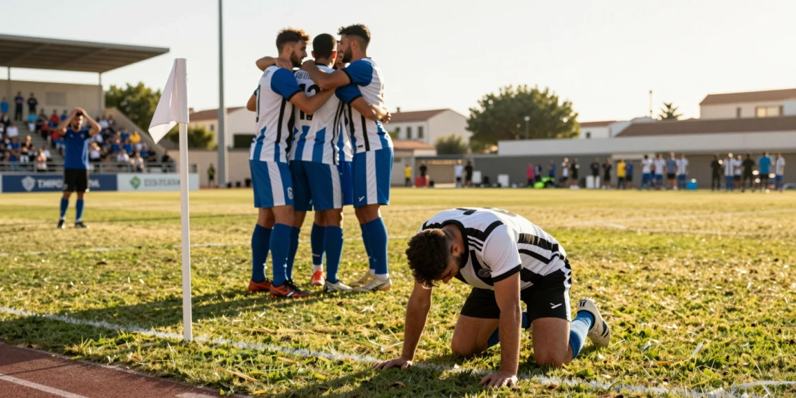 Jugador del FC Cartagena arrodillado en el césped tras perder la victoria ante el Brighton Sub-21 en el descuento