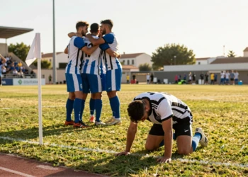Jugador del FC Cartagena arrodillado en el césped tras perder la victoria ante el Brighton Sub-21 en el descuento
