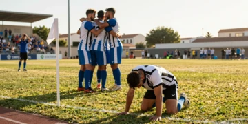 Jugador del FC Cartagena arrodillado en el césped tras perder la victoria ante el Brighton Sub-21 en el descuento