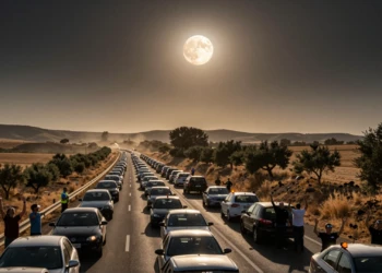 Atasco masivo en autopista española bajo un eclipse solar total, con conductores mirando al cielo y vehículos de la DGT