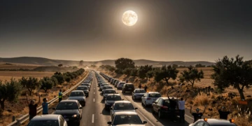 Atasco masivo en autopista española bajo un eclipse solar total, con conductores mirando al cielo y vehículos de la DGT