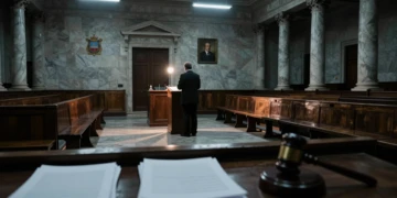 Salón gubernamental argentino vacío con figura solitaria en podio, simbolizando la reforma del Banco Central de Milei