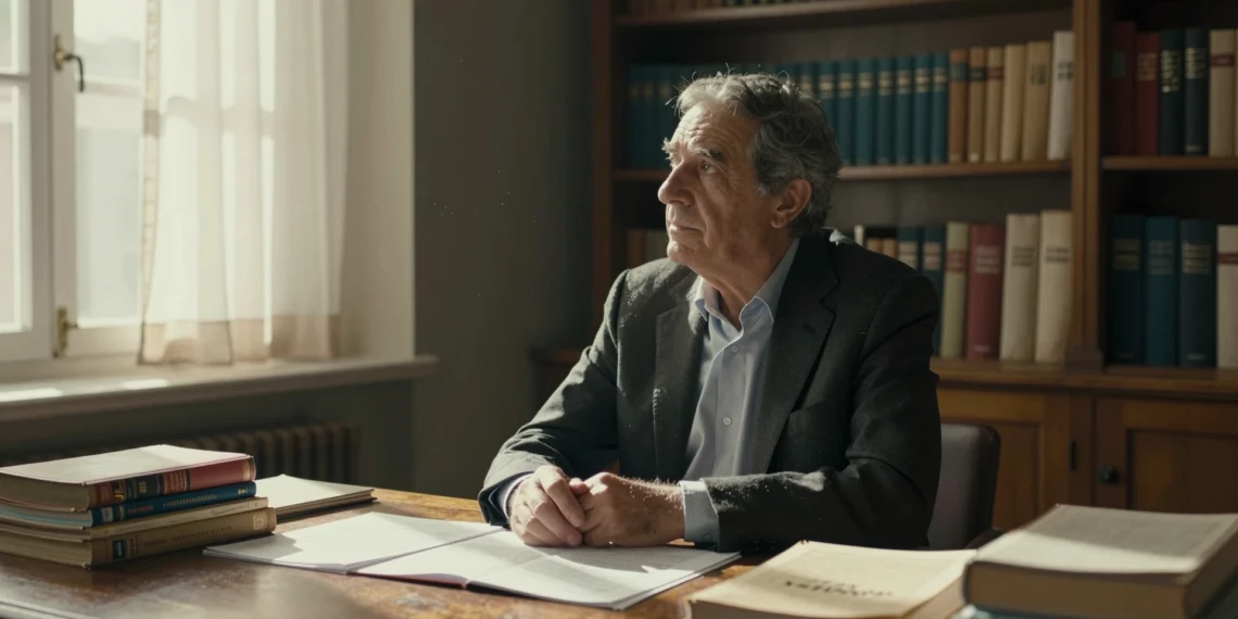 Economista español de mediana edad sentado en un escritorio de madera en una oficina universitaria iluminada por luz natural