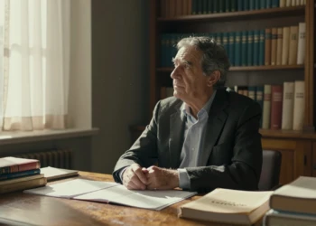 Economista español de mediana edad sentado en un escritorio de madera en una oficina universitaria iluminada por luz natural