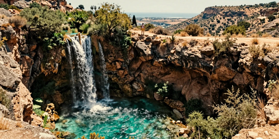 Cascada travertina de tres metros con poza turquesa en un cañón de la Región de Murcia, con senderista al fondo