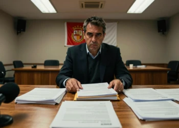 Directivo del Rayo Vallecano con documentos en rueda de prensa sobre el futuro del club en Primera División