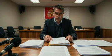 Directivo del Rayo Vallecano con documentos en rueda de prensa sobre el futuro del club en Primera División