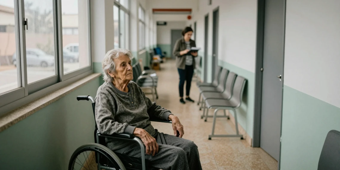 Anciana en silla de ruedas junto a ventana en residencia pública de Murcia, con trabajadora social al fondo
