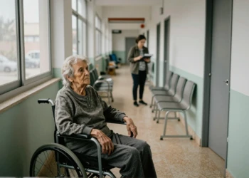 Anciana en silla de ruedas junto a ventana en residencia pública de Murcia, con trabajadora social al fondo