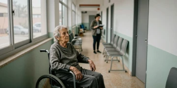 Anciana en silla de ruedas junto a ventana en residencia pública de Murcia, con trabajadora social al fondo