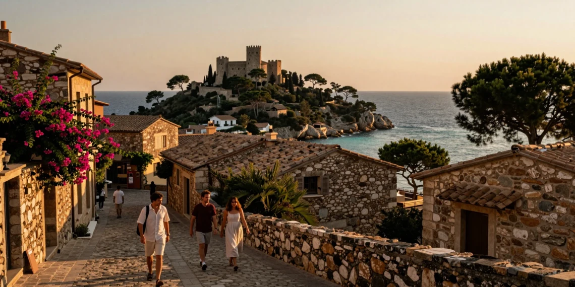 Vista dorada del pueblo medieval de Begur al atardecer, con calles empedradas, buganvillas y el mar Mediterráneo al fondo