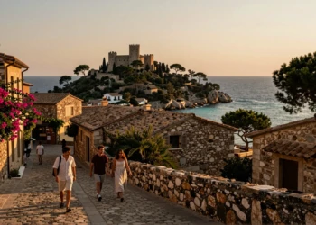 Vista dorada del pueblo medieval de Begur al atardecer, con calles empedradas, buganvillas y el mar Mediterráneo al fondo