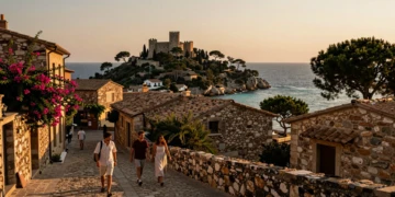 Vista dorada del pueblo medieval de Begur al atardecer, con calles empedradas, buganvillas y el mar Mediterráneo al fondo