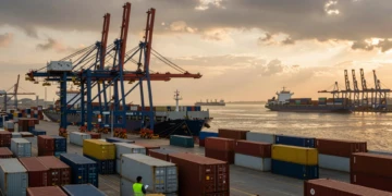 Puerto comercial al atardecer con grúas de carga, buques mercantes y contenedores de envío europeos apilados en el muelle