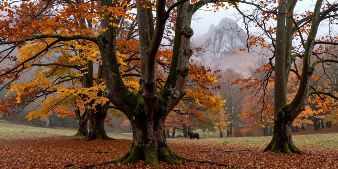 Bosque de hayas centenarias en otoño en Peloño, Ponga, Asturias, con niebla y la silueta del pico Tiatordos al fondo