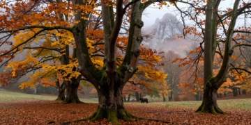Bosque de hayas centenarias en otoño en Peloño, Ponga, Asturias, con niebla y la silueta del pico Tiatordos al fondo