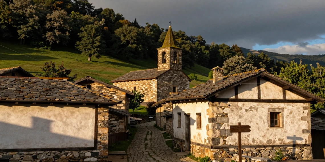 Vista del pueblo navarro de Zugarramurdi con caseríos vascos, camino empedrado y bosque verde en los Pirineos