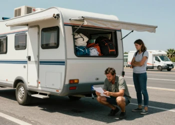 Padre preocupado revisando documentos junto a una caravana sobrecargada enganchada a un SUV en un área de descanso