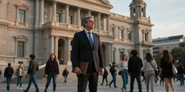 Salvador Illa frente al Palau de la Generalitat de Catalunya con ciudadanos en la plaza pública de Barcelona
