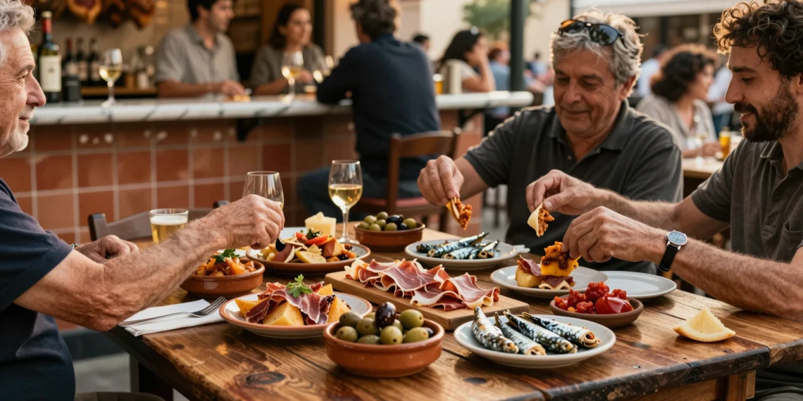 Terraza de bar español con mesa llena de tapas tradicionales: patatas bravas, jamón ibérico, olivas y boquerones al atardecer