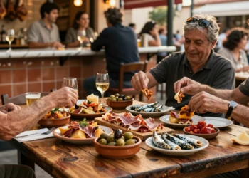 Terraza de bar español con mesa llena de tapas tradicionales: patatas bravas, jamón ibérico, olivas y boquerones al atardecer