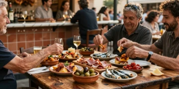 Terraza de bar español con mesa llena de tapas tradicionales: patatas bravas, jamón ibérico, olivas y boquerones al atardecer