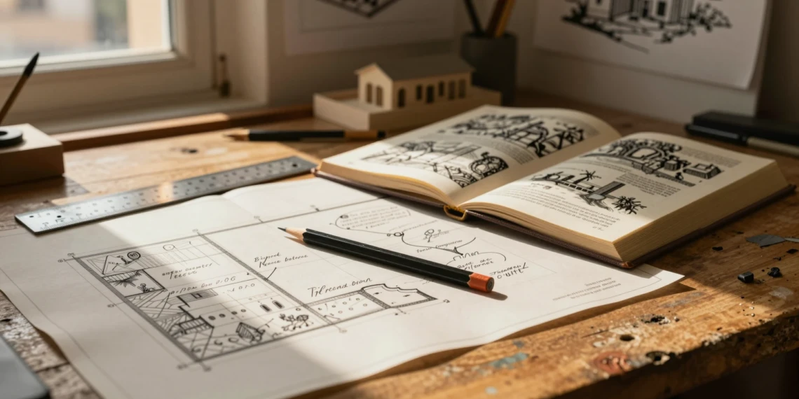 Mesa de dibujo de arquitecto con planos, páginas de cómic y un lápiz de grafito bajo luz dorada en un estudio de Murcia