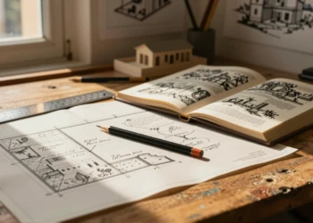 Mesa de dibujo de arquitecto con planos, páginas de cómic y un lápiz de grafito bajo luz dorada en un estudio de Murcia